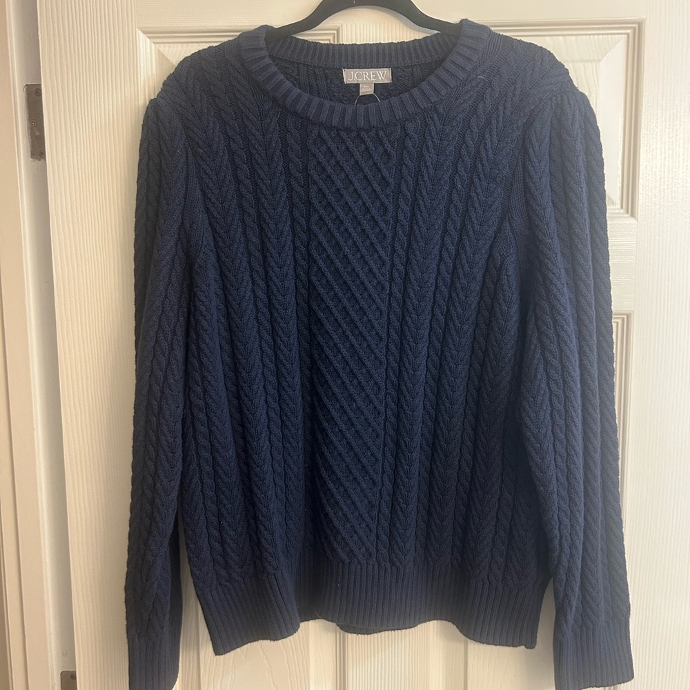 NWOT J.Crew Womens navy Cable-Knit Puff-Sleeve Crewneck Sweater Size XXL BS978 - Picture 4 of 5